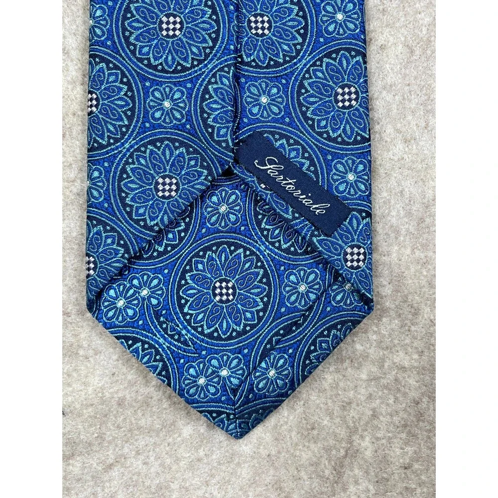 Paul Fredrick Tie Sartoriale Blue Italy Medallion Geometric Silk Floral Necktie